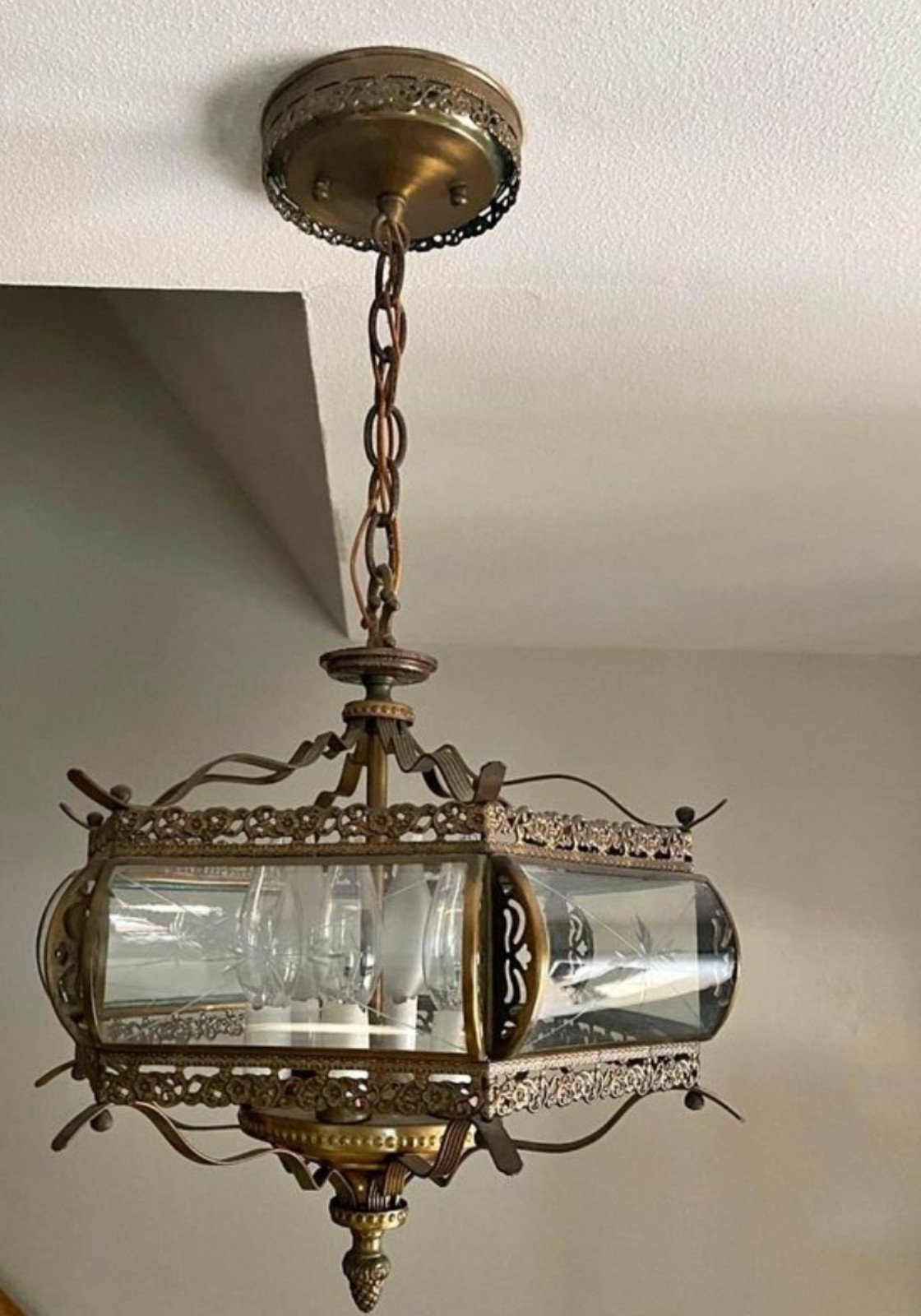 Antique Brass Glass Ceiling Six Bulb Hanging Light Fixture 1940's Working