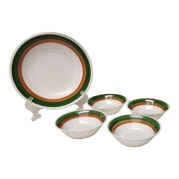 5PC Neiman Marcus Green Orange Stripe Soup & Serving Bowls