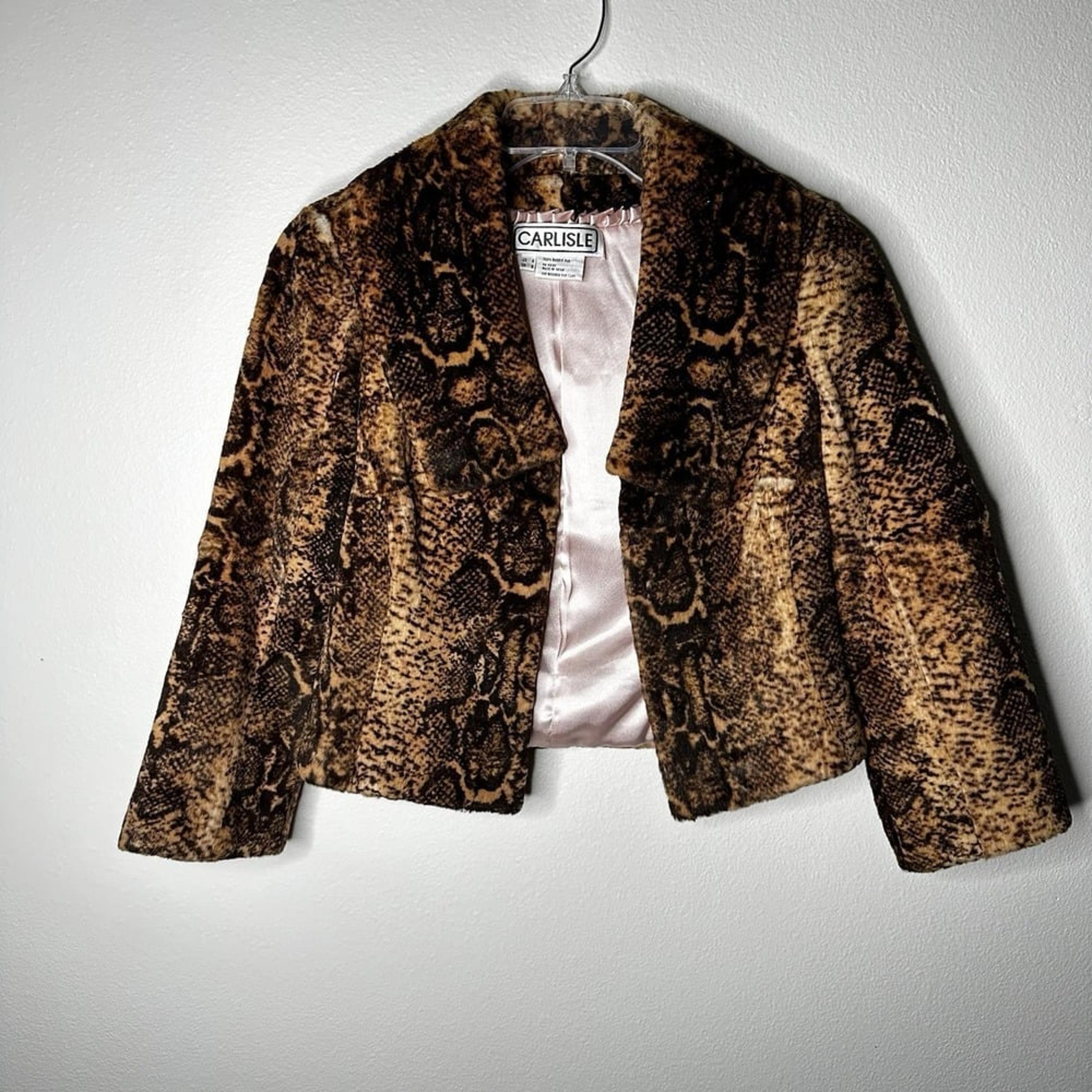 Vtg Carlisle Womens Jacket Rabbit Fur Snake Print Brown Black Tan Cropped Size 4
