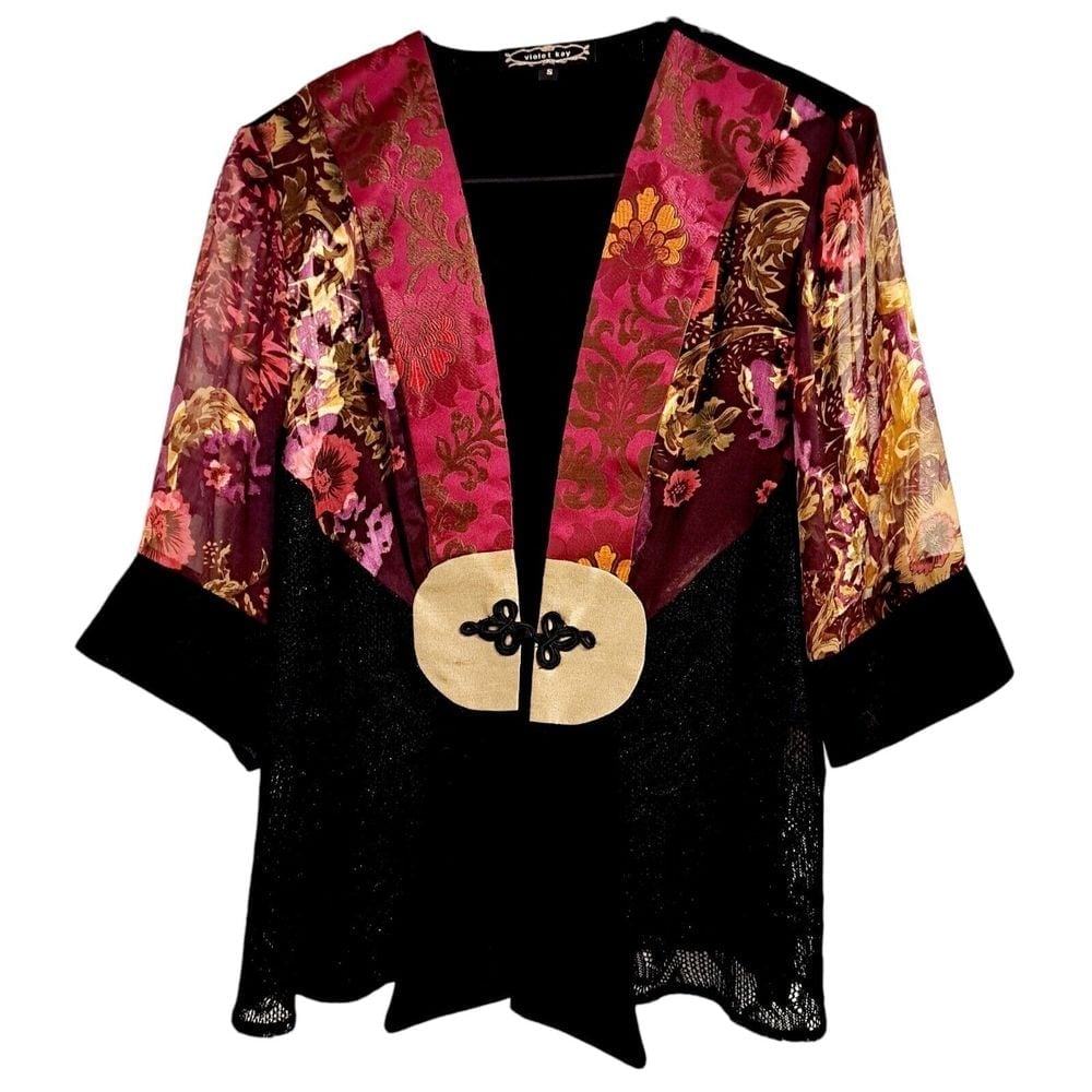 Vtg Violet Kay Ivory Gold Floral Lace Mixed Media Kimono Jacket Sz S Fairy Boho
