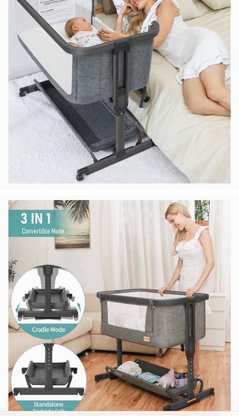 AMKE 3-1 Baby Bassinet Bedside Sleeper
