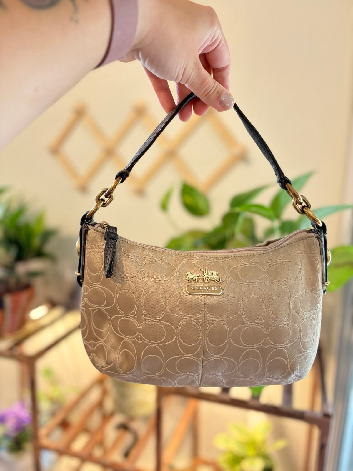 Coach Mia Signature Khaki/Gold Brown Top-Handle Pouch Purse 44326 y2k