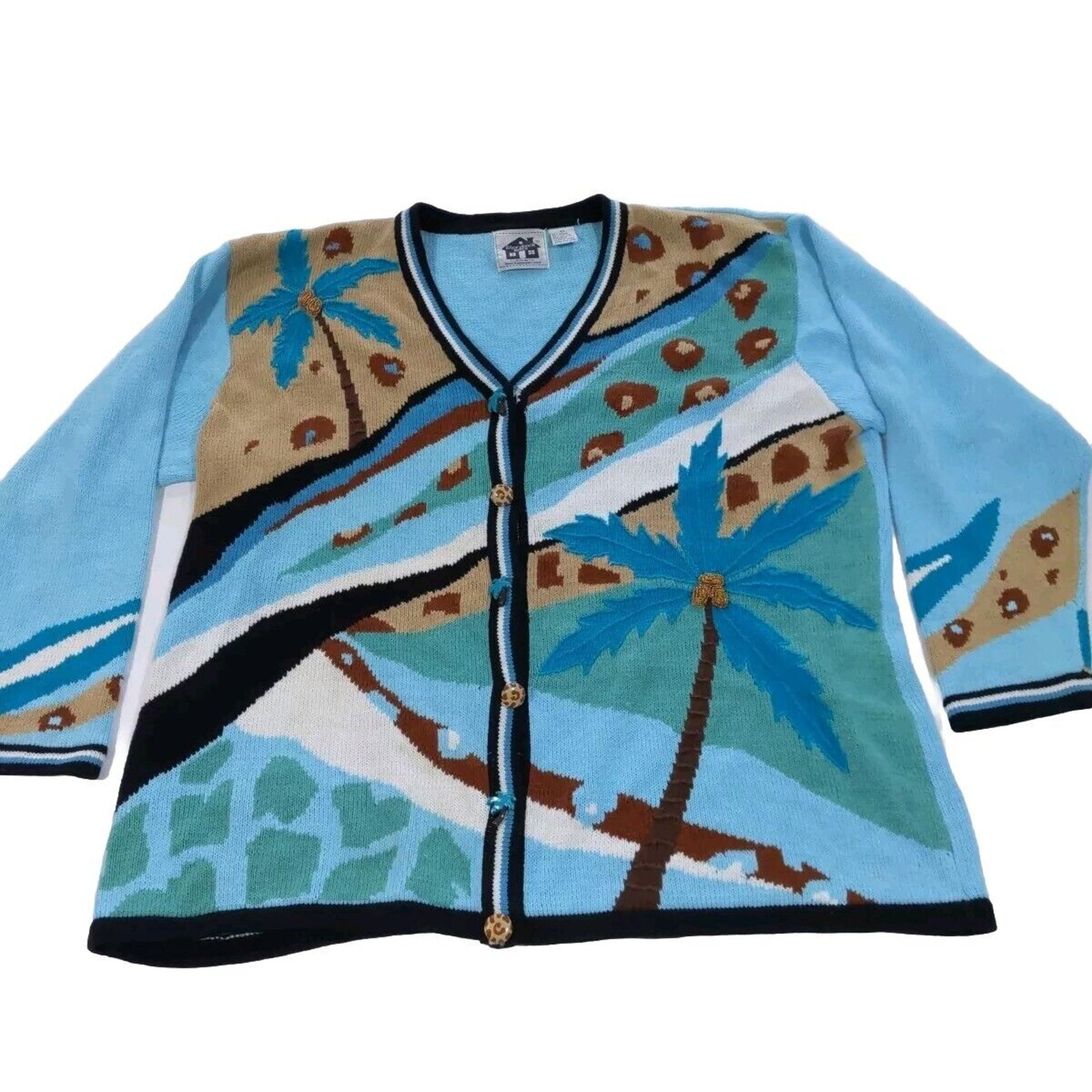 Storybook Knits Cardigan Sweater Womens Plus Size 2X Blue Beach Palms Coastal