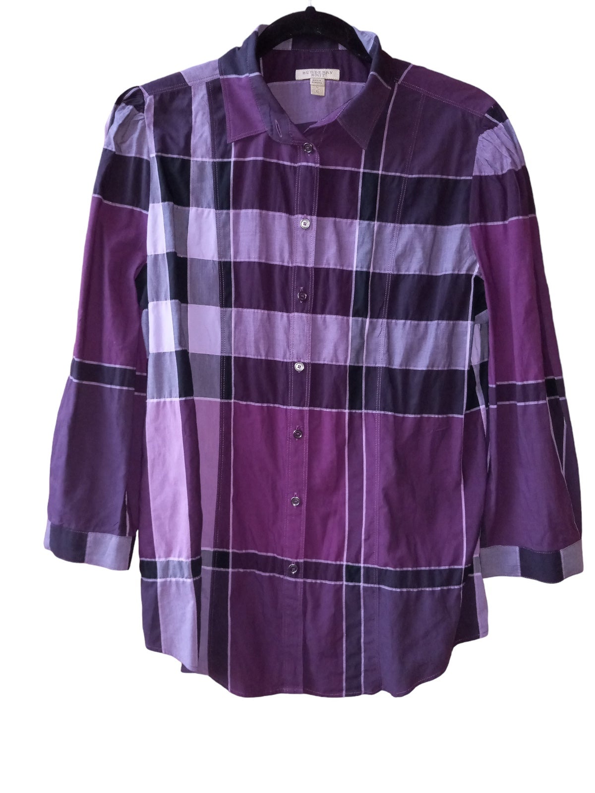 BURBERRY BRIT Plaid Print Three-Quarter Sleeve Button-Up Top Sz L