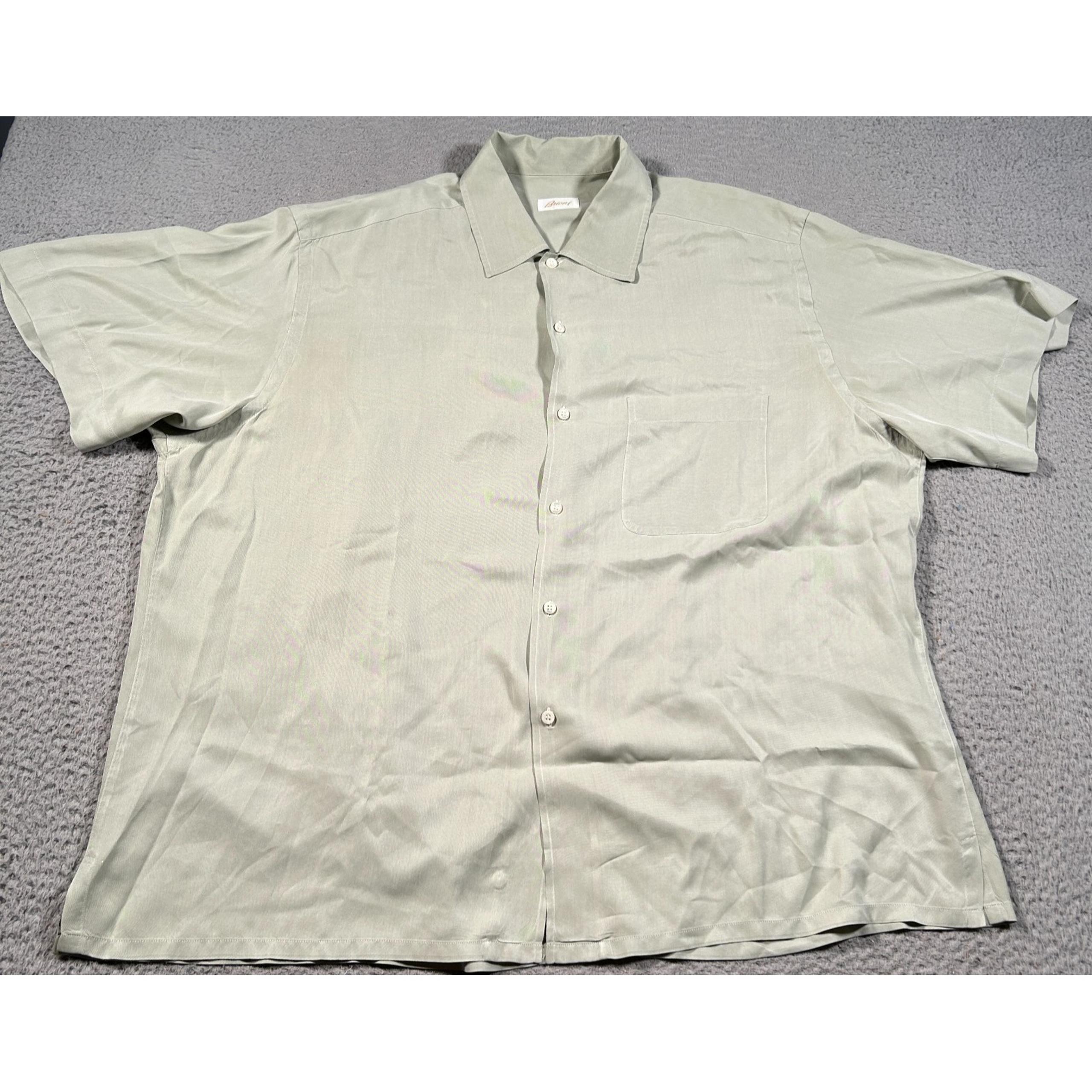Brioni Shirt Men 2XL Green 100% Silk Button Up Pocket Casual Camp Short Sleeve
