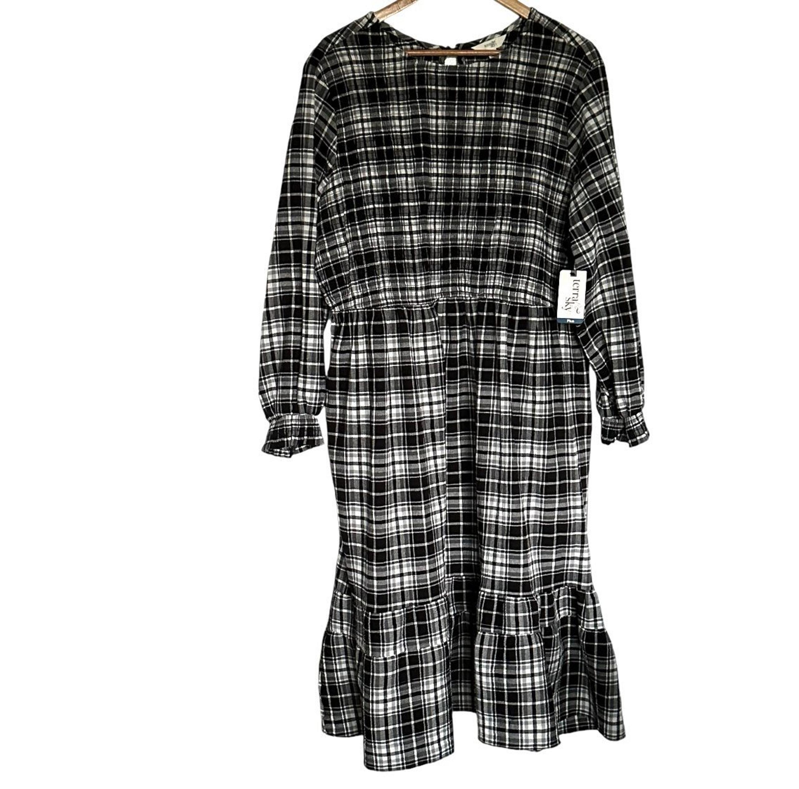 NWT Terra & Sky Women’s Dress 2X Black White Tiered Peasant Midi Long Sleeve