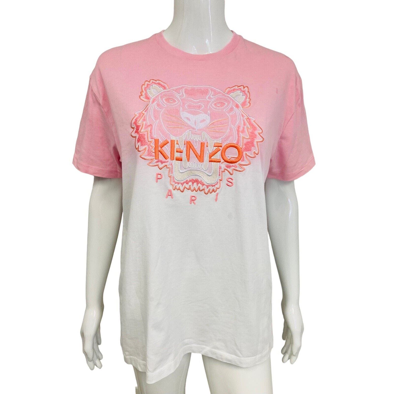 KENZO Pink and White Tiger Embroidered Logo Ombre Short Sleeve T