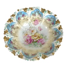 R S Prussia Serving Bowl 10 1/2” Pink Yellow White Roses Blue Tint Hold Leaves