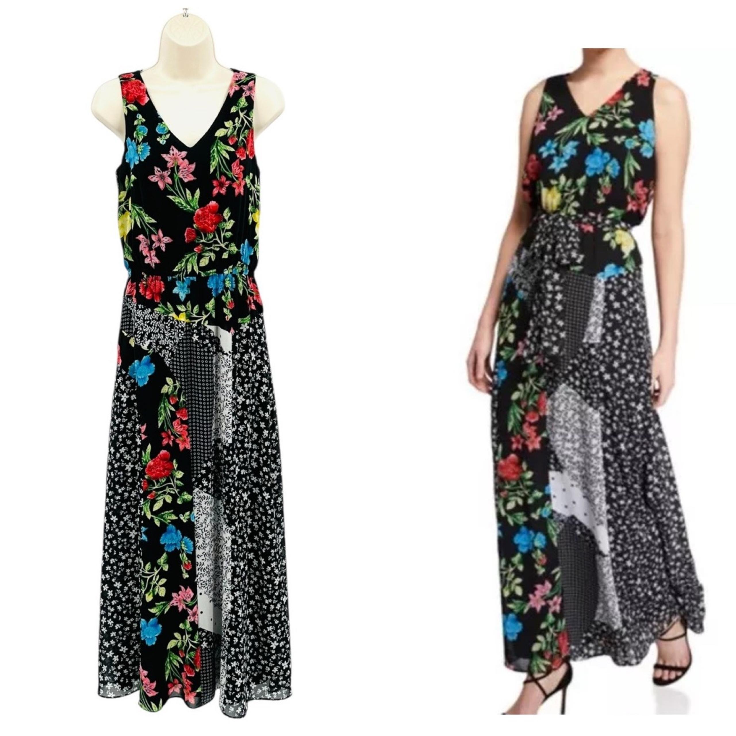CALVIN KLEIN Patchwork Floral Maxi Dress Women's Size XS Black Mixed Print