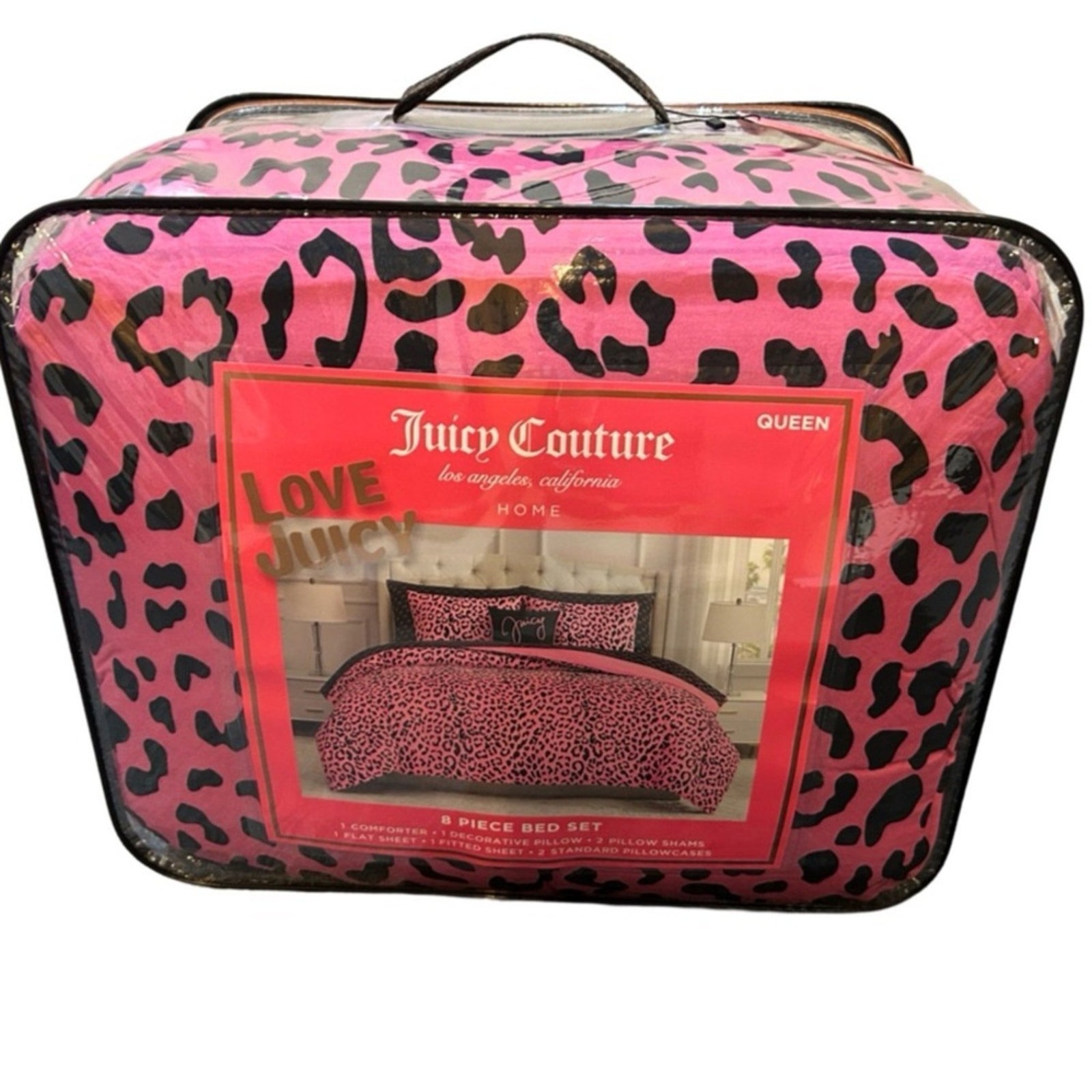 JUICY COUTURE HOT PINK & BLACK LEOPARD PRINT 8 PIECE BED IN A BAG SET QUEEN NWT
