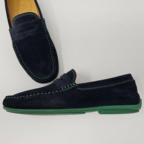 AUSTEN HELLER PENNY LOAFERS MOC DRIVERS BLUE SUEDE GREEN CONTRASTING MENS 8.5