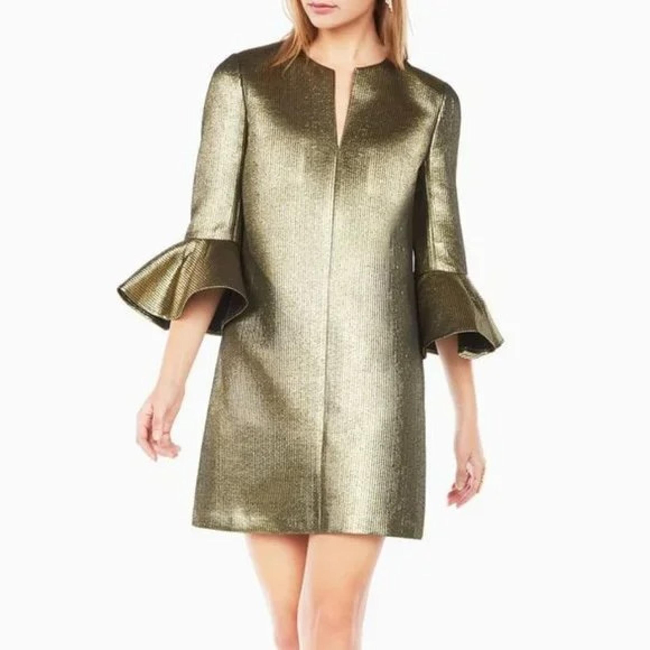 BCBGMAXAZRIA Judy Gold Metallic Shift Ruffle 3/4 Sleeve Dress M NWT