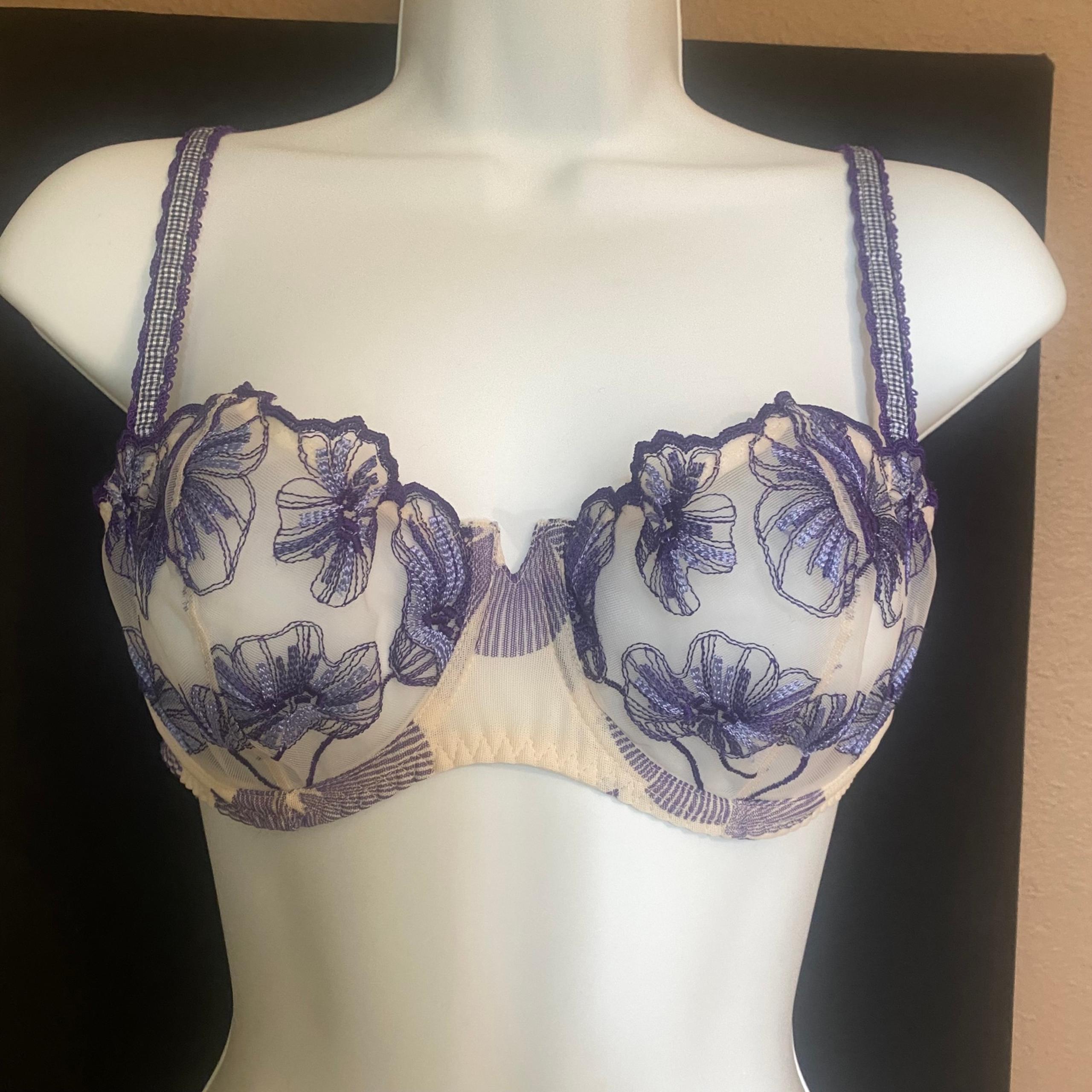 AUBADE PARIS Underwire Sheer Beige and Purple Lace Bra US Size 32B