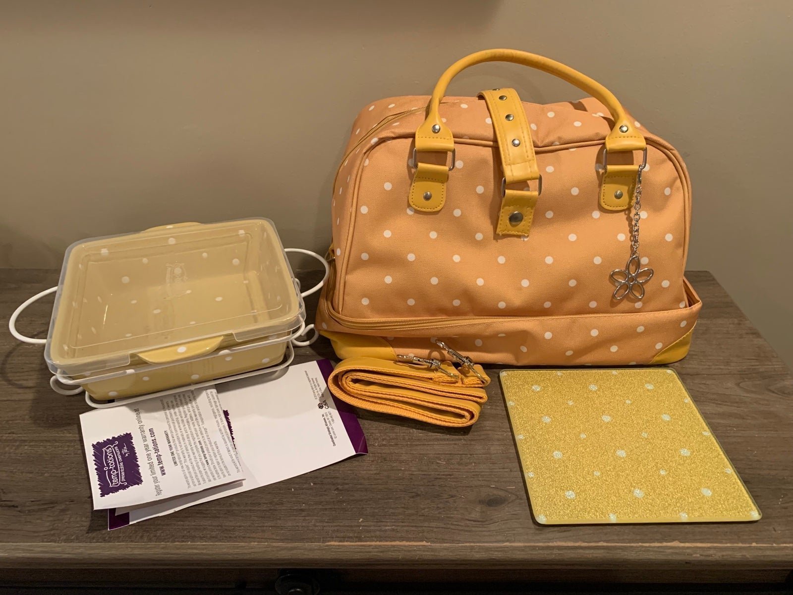Temp-tations Yellow Polka dot serving Pan and carry bag