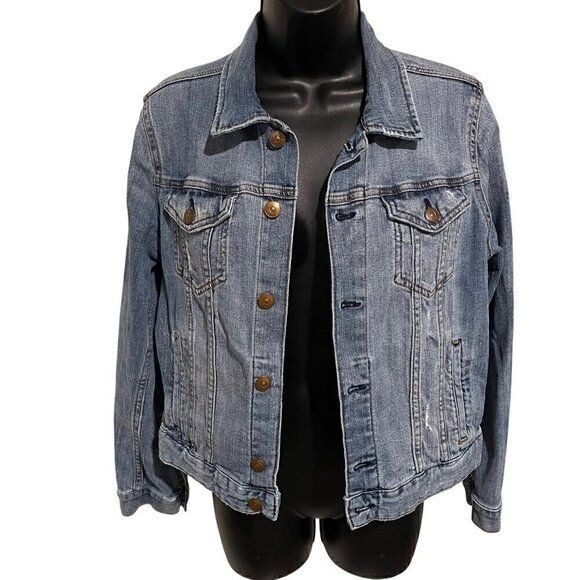 H&M Denim Distressed Womans Jacket Size 10 Casual Button-Up Front Pocket Adjustu