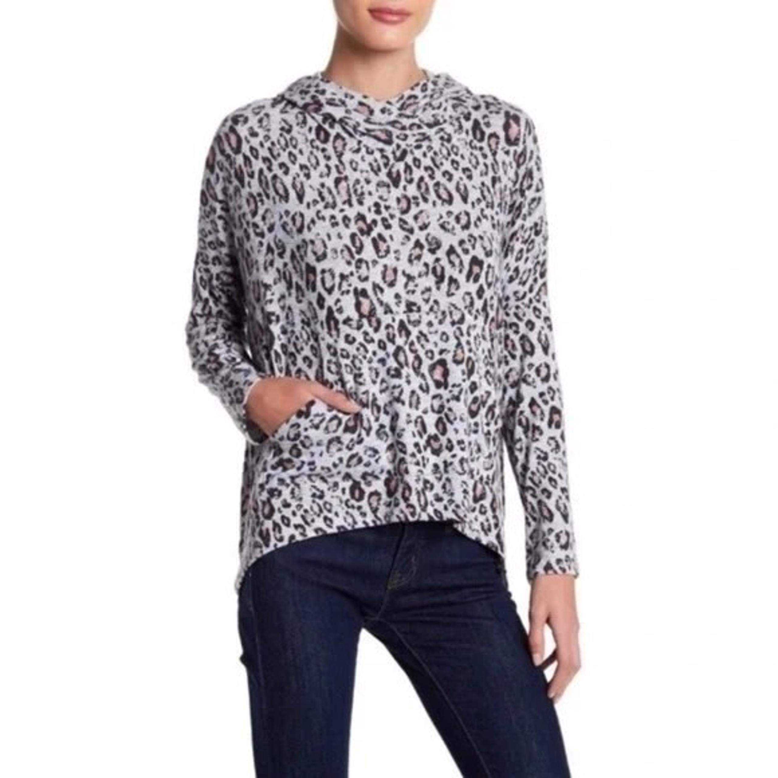 Sundry Leopard Animal Print Hoodie Women Small Pocket Gray Black Cozy Lounge