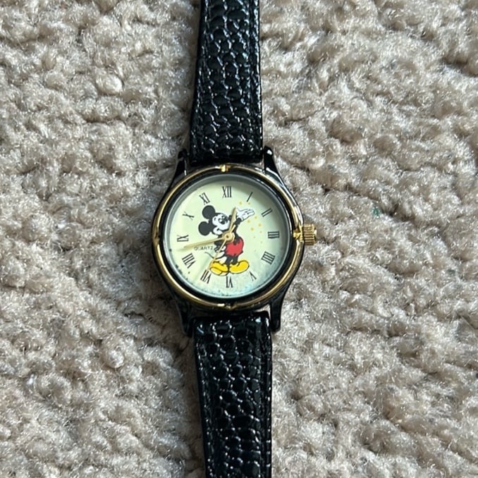 Women’s vintage black/gold Disney Mickey Mouse dainty genuine leather watch