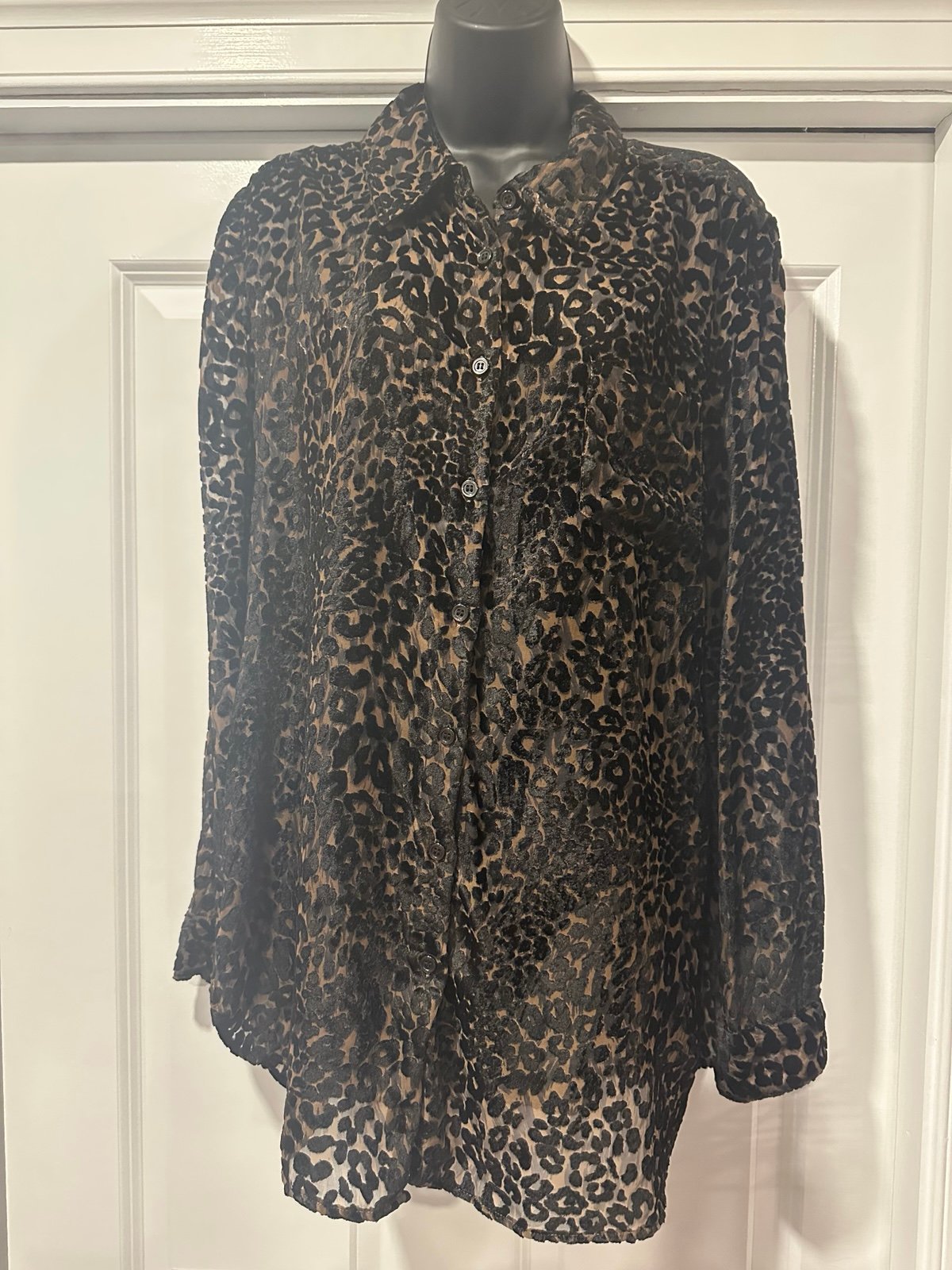 MODA International Leopard Burnout Velvet Button Down Blouse - Size L