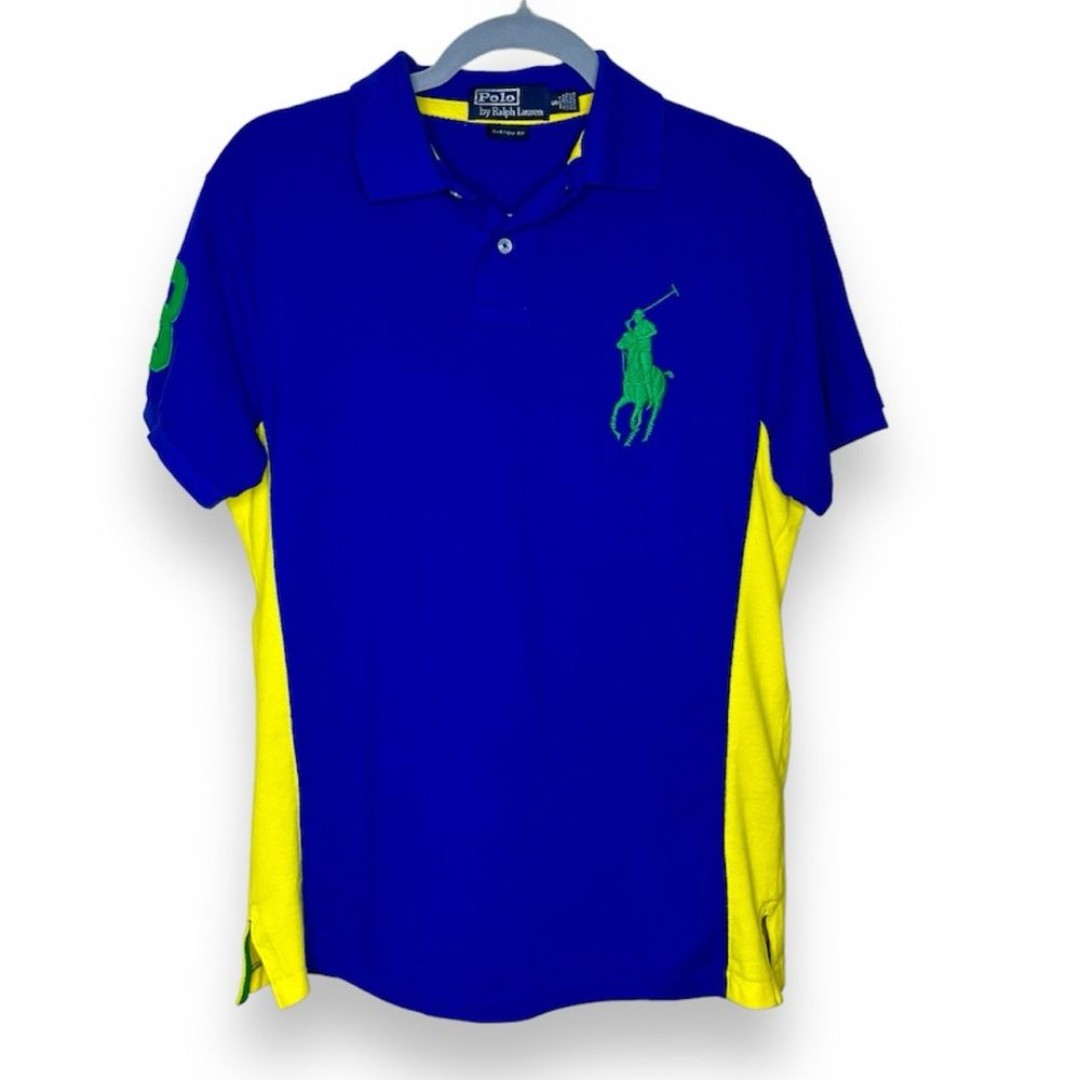 Polo Ralph Lauren Big Pony Color Block Blue Yellow Custom Fit Shirt Men Small