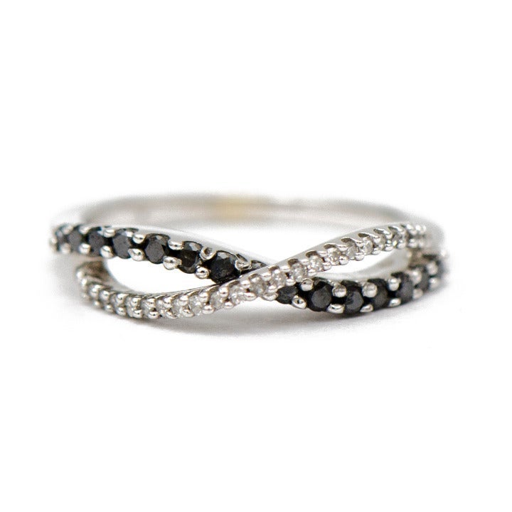 Crossover Ring w/ Black & White Diamonds