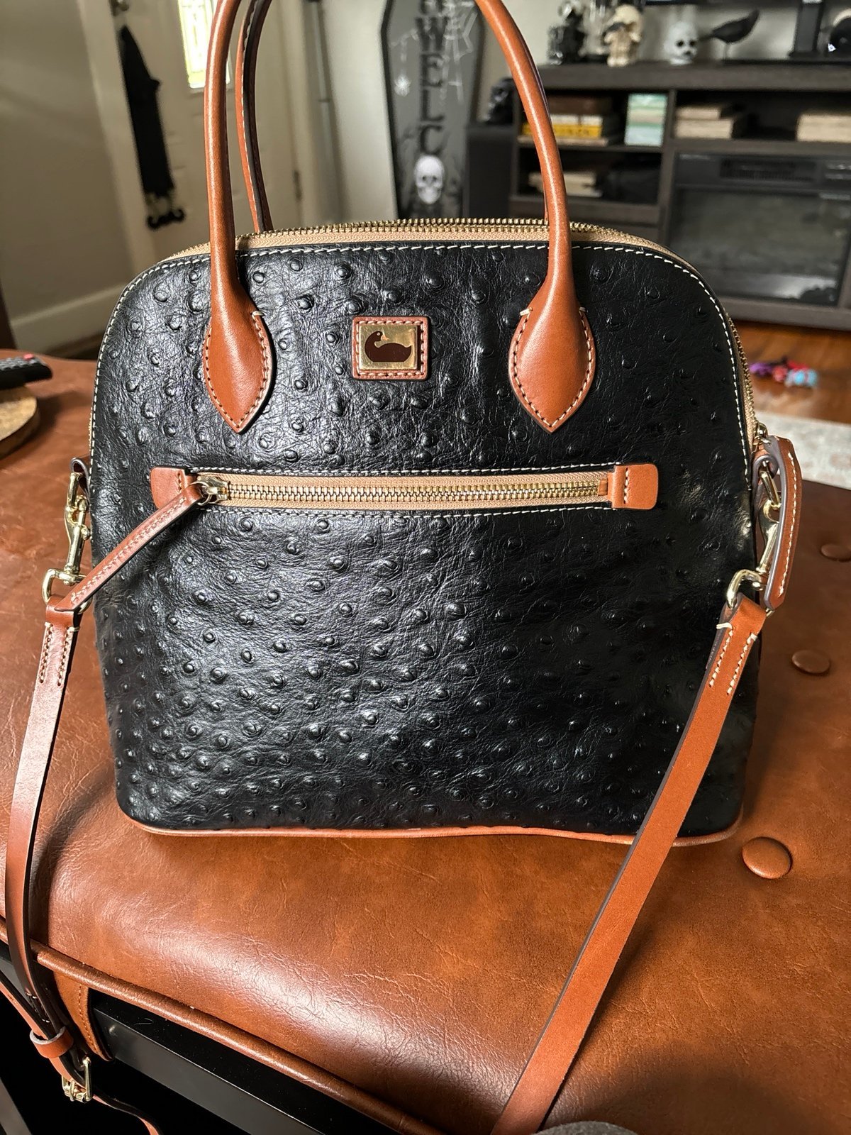 Dooney & Bourke Ostrich Domed Satchel in Black Exotic Leather