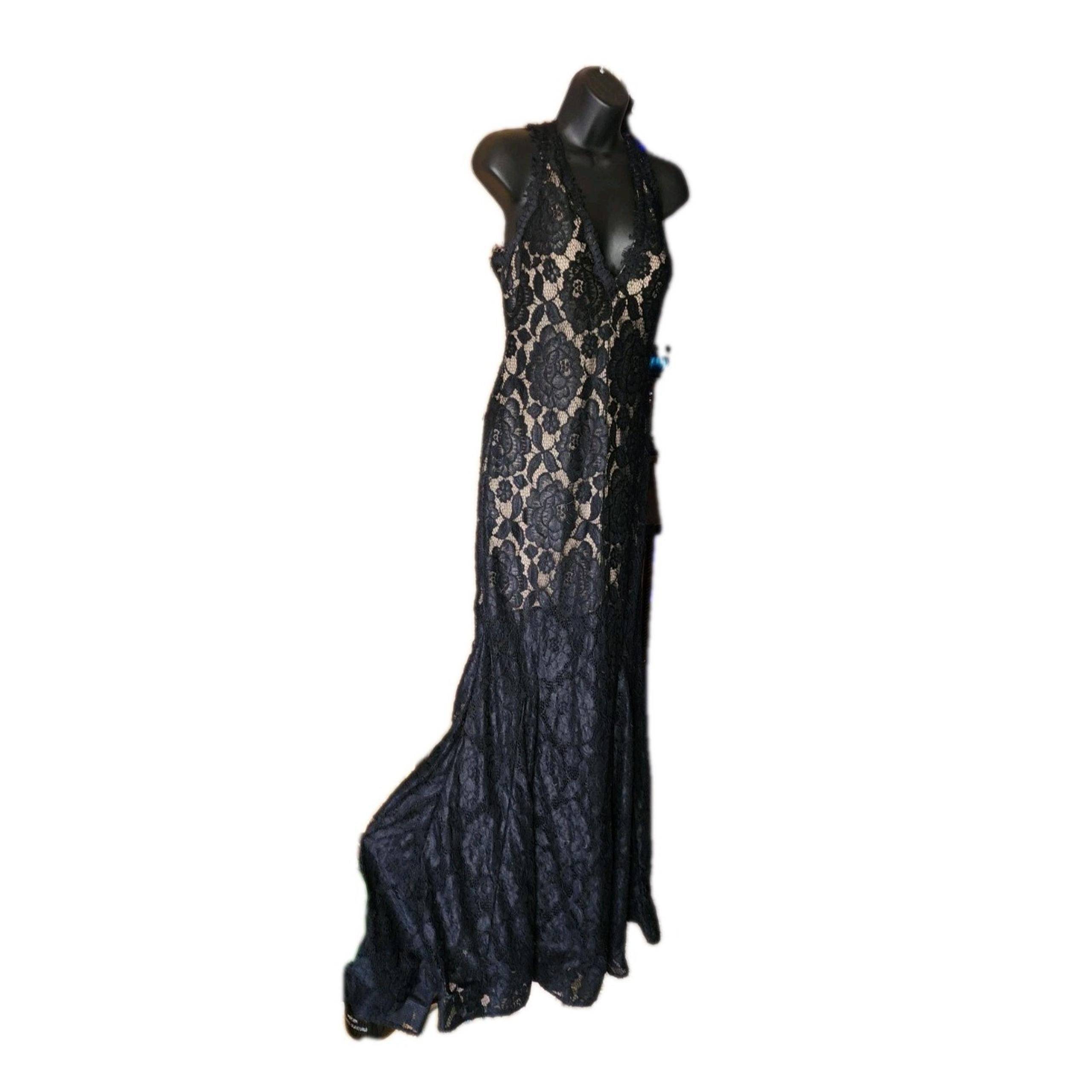 BETSY & ADAM Black Lined Mesh Open Back Sleeveless Gown Dress Sz 12 (32 Waist)