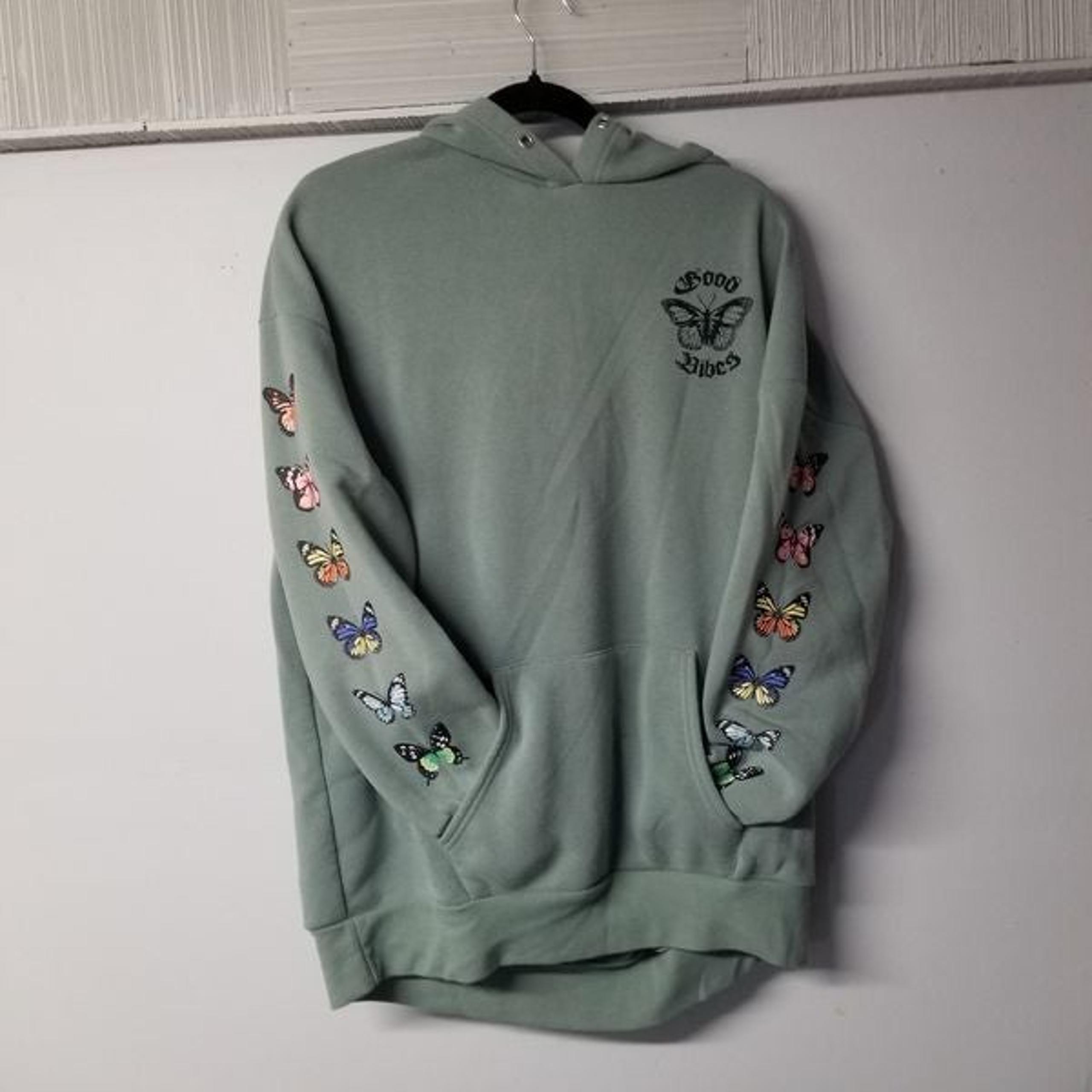 Mariposa butterfly teal green hooded pullover sweat shirt womens size large bold