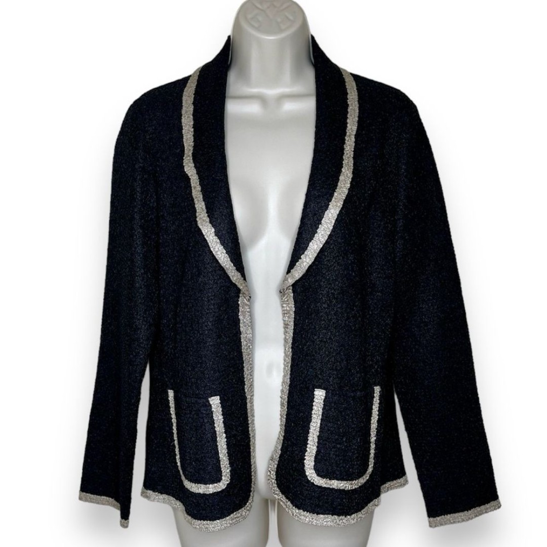 Travelers Collection Chicos Textured Crinkle Open Front Black Tan Jacket Women S