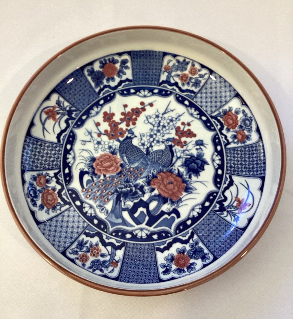 Vintage Japanese Peacock Plate Bowl Charger Cobalt Blue & White with Red Flowers