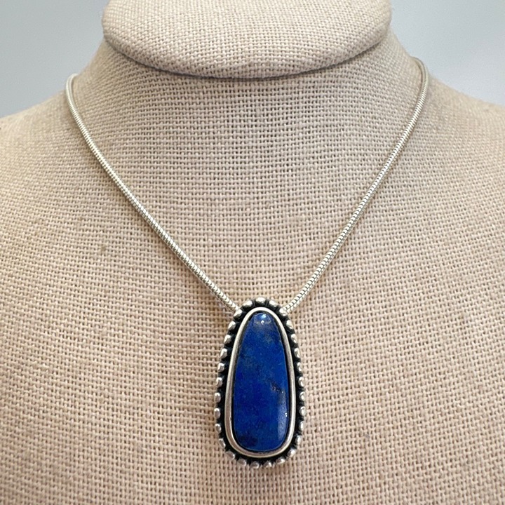 Sterling Silver 925 Lapis Lazuli Bezel Set Pendant Necklace Size 17.5 Length