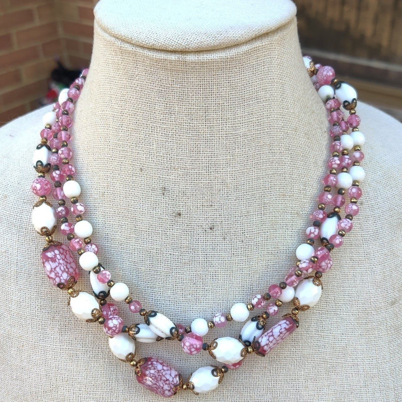 Vintage 60 lamp work glass and white milk glass necklace