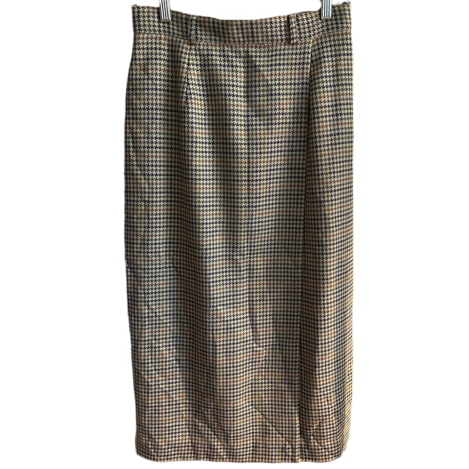 Talbots Vintage Wool Brown Houndstooth Pencil Faux Wrap Skirt Lined Womens Sz 10