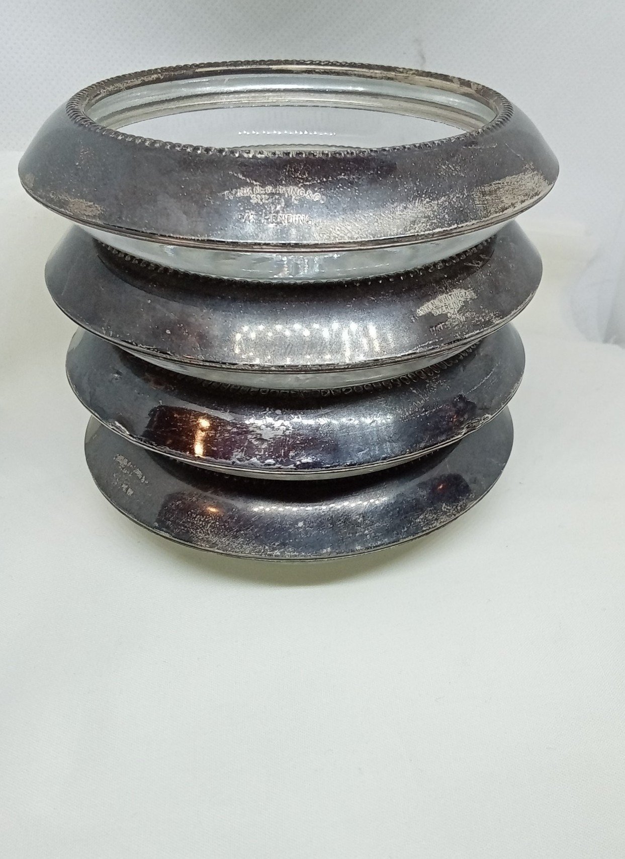 VTG 925 Sterling Frank M Whiting & Co Bead Rim Starburst Glass Coaster Set 4