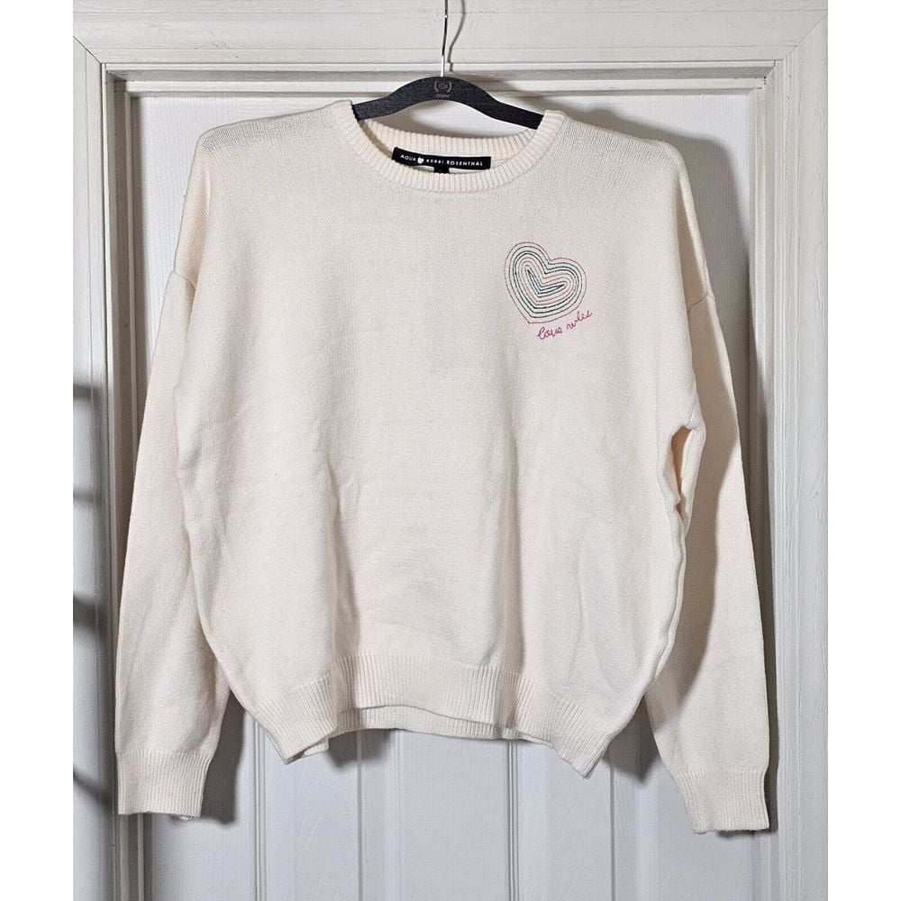Aqua X Kerri Rosenthal Heart Sweater Women's Size Small Ivory Love Rules