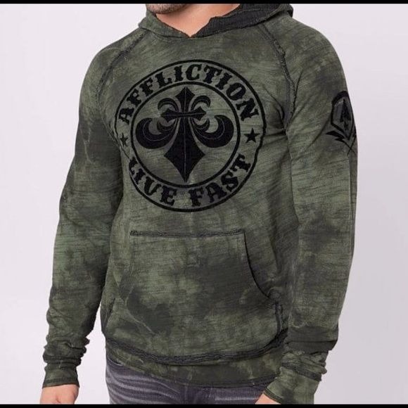 NEW AFFLICTION MOTORS DIVIO REVERSIBLE FLOCKED GRAPHIC MARLED HOODIE SZ:L NWOT