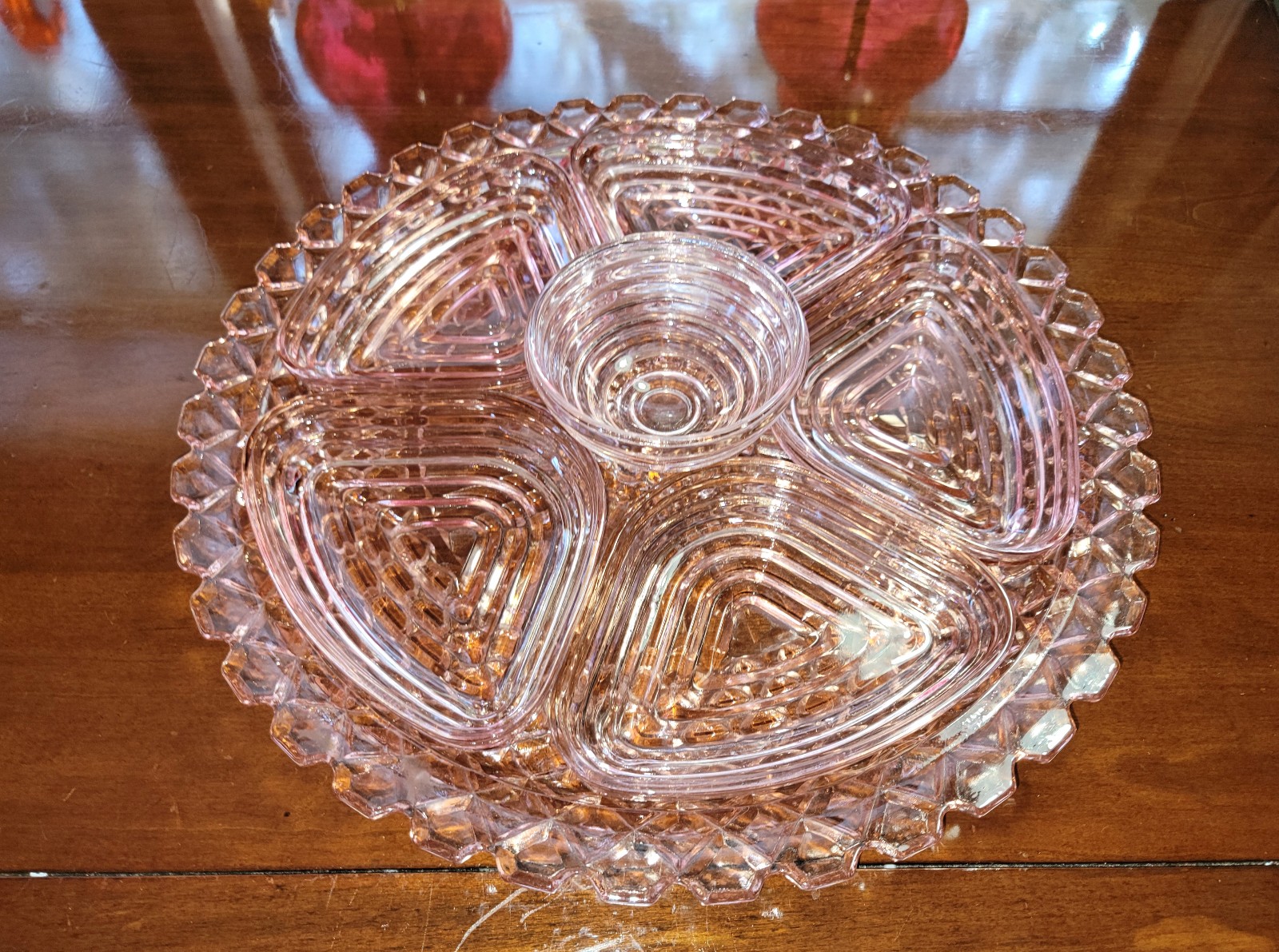 Anchor Hocking, Waterford Pink meets Manhattan Pink 6 part Relish Dish 14