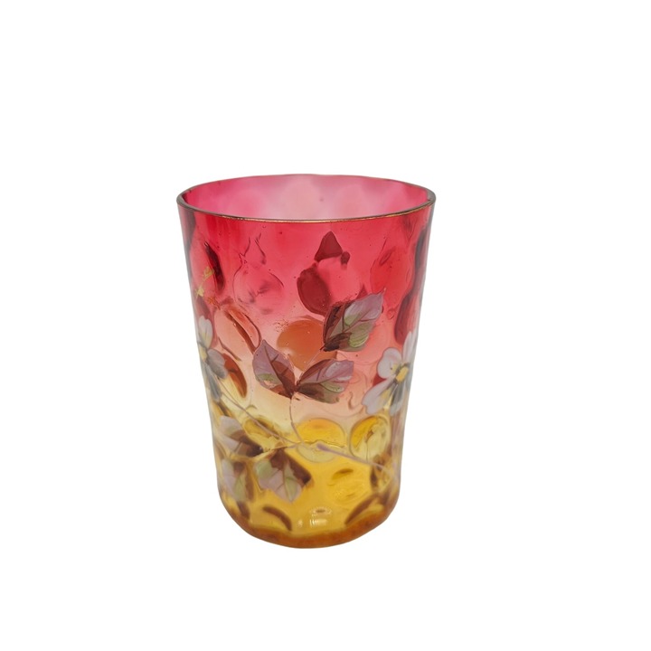 Antique Victorian Bubble Glass Tumbler With Hand-Painted Floral Design Amberina