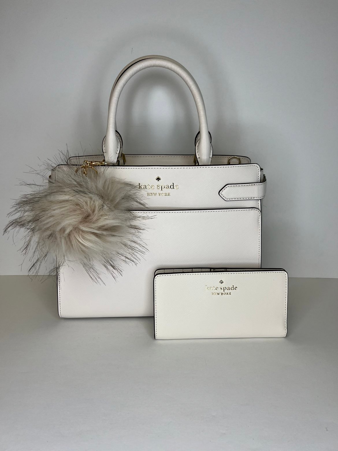 NEW Kate Spade 3pc Staci Medium Satchel, Wallet & Fur Pom Set Parchment
