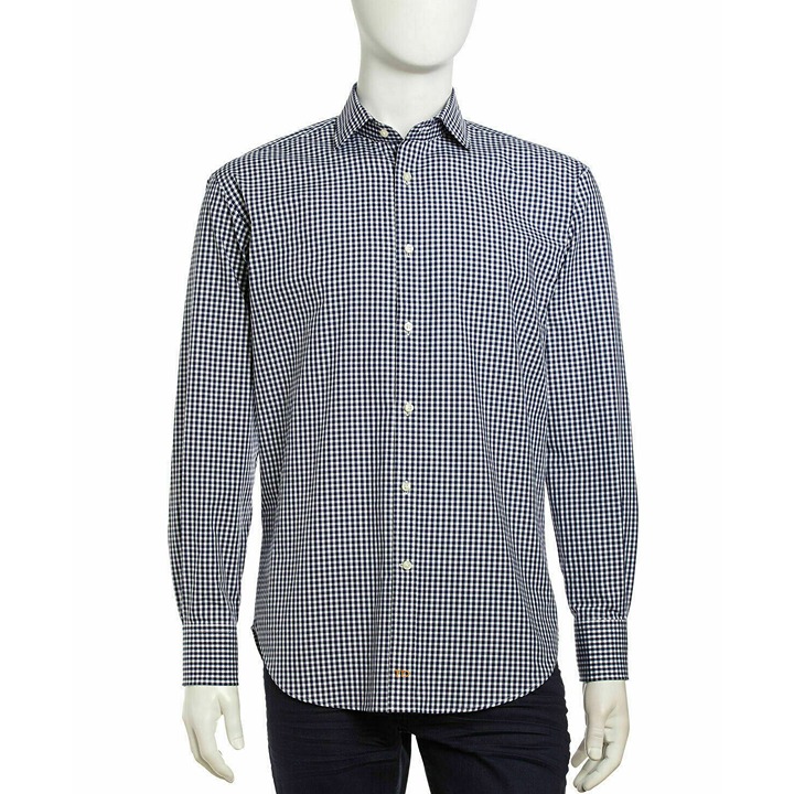 Thomas Dean Gingham Shirt Large Woven Long-Sleeve Sport Shirt Navy 165 Retail