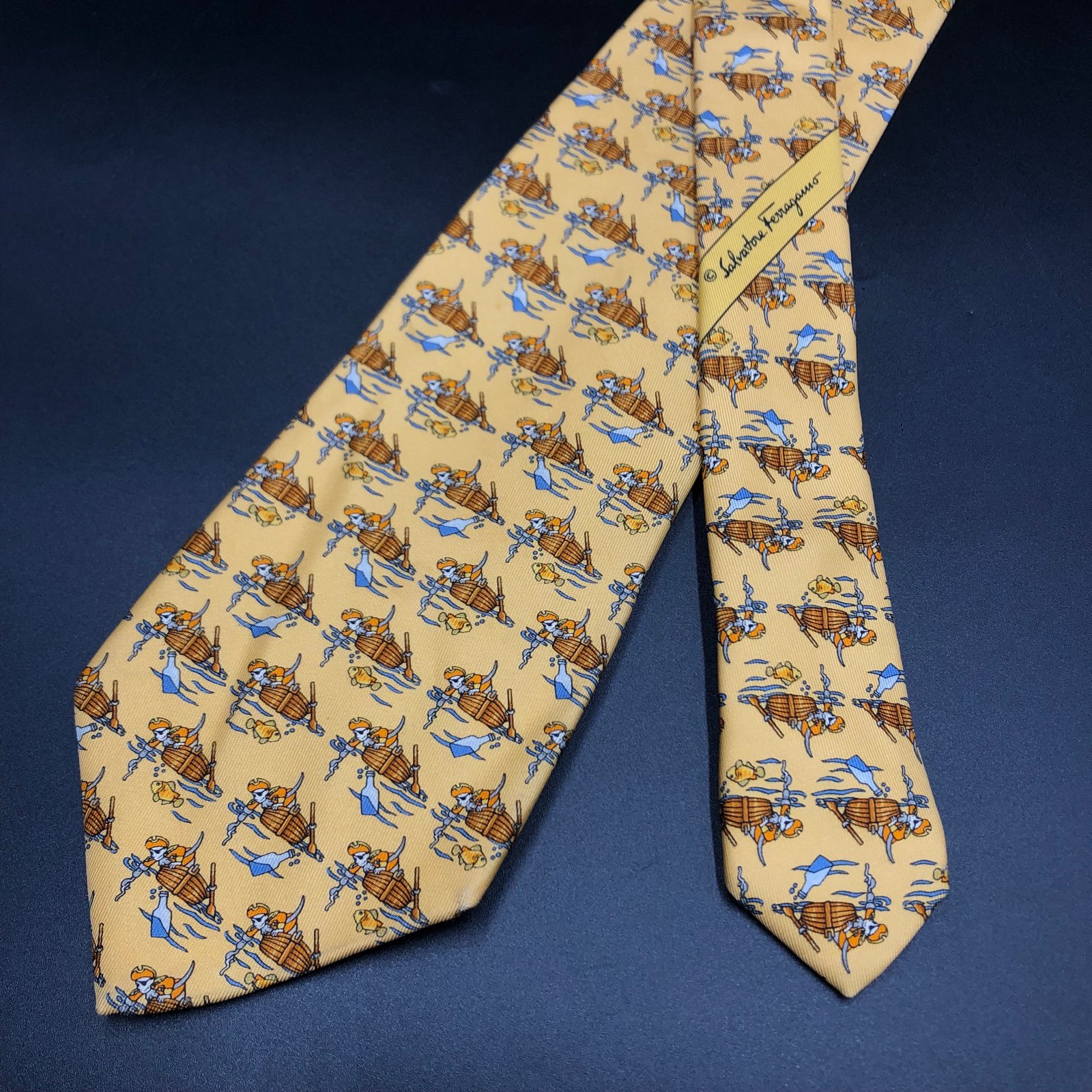 Salvatore Ferragamo Tie Silk Necktie Pirate Ship Fish Boat Rum Bottle