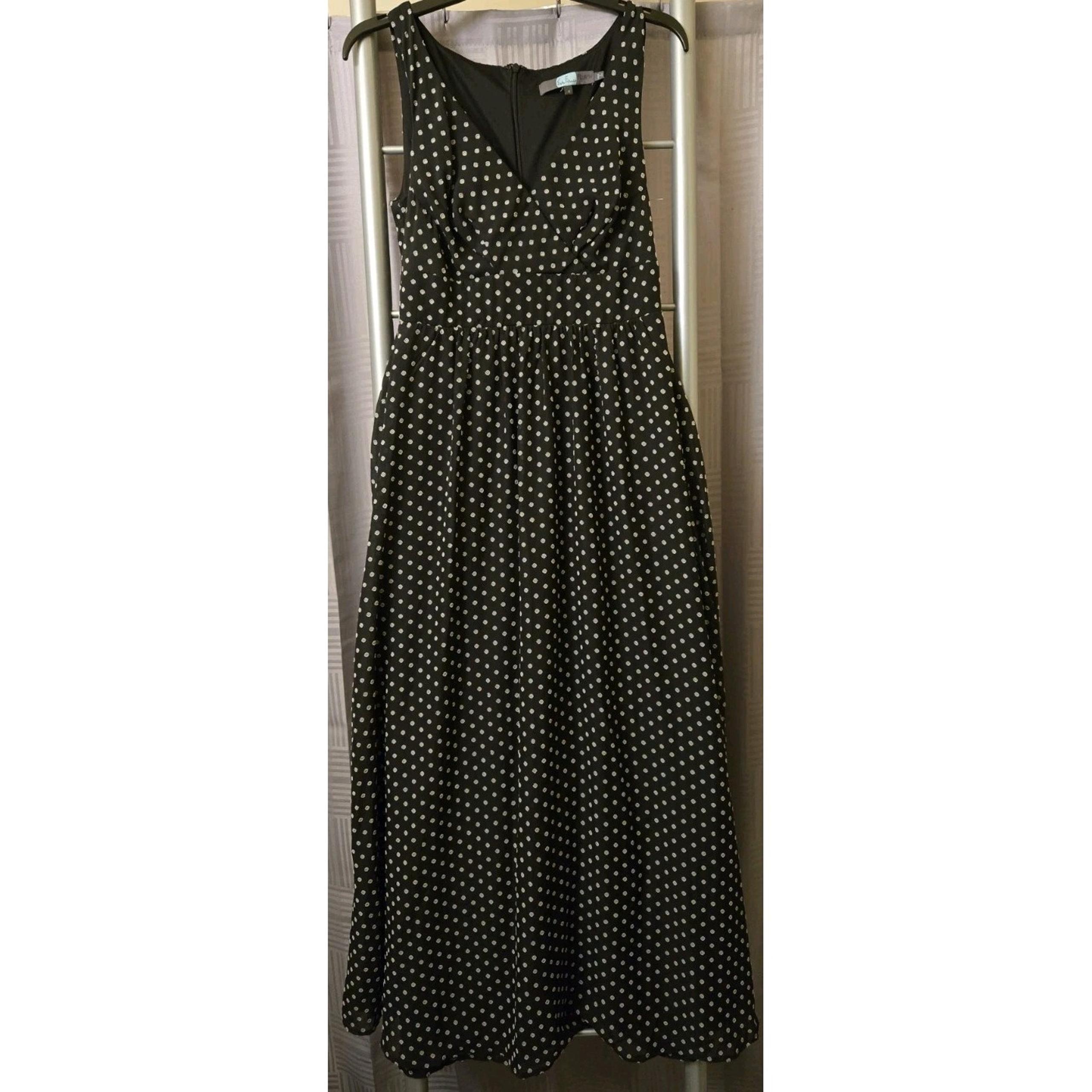 Eva Franco Womens Sz 4 Sleeveless Black Polka Dot Fit And Flare Maxi Dress