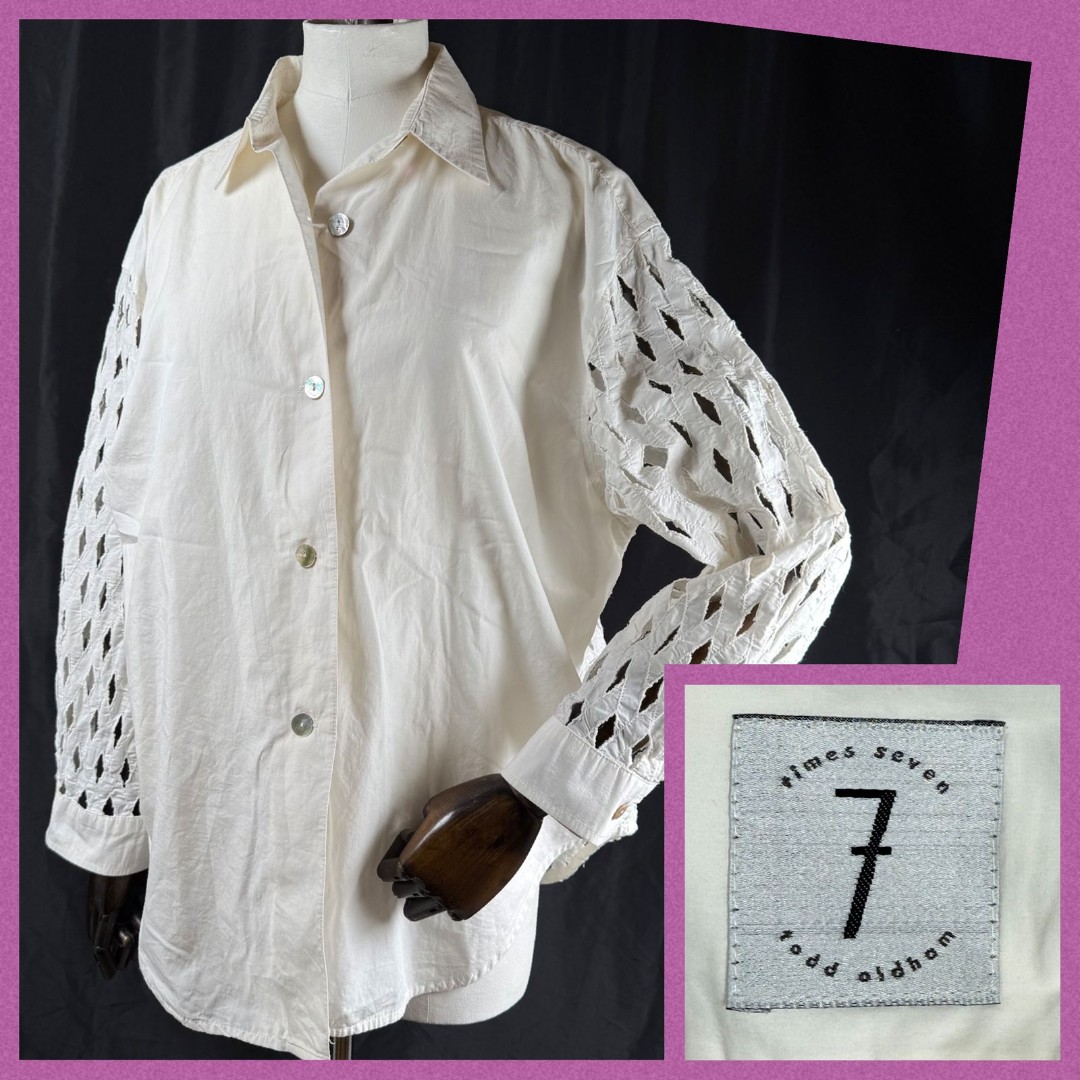 Vtg Times Seven Todd Oldham Women's Small Shirt White Mother Of Pearl Lattice