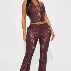 Starla Washed Faux Leather Pant Set - Burgundy