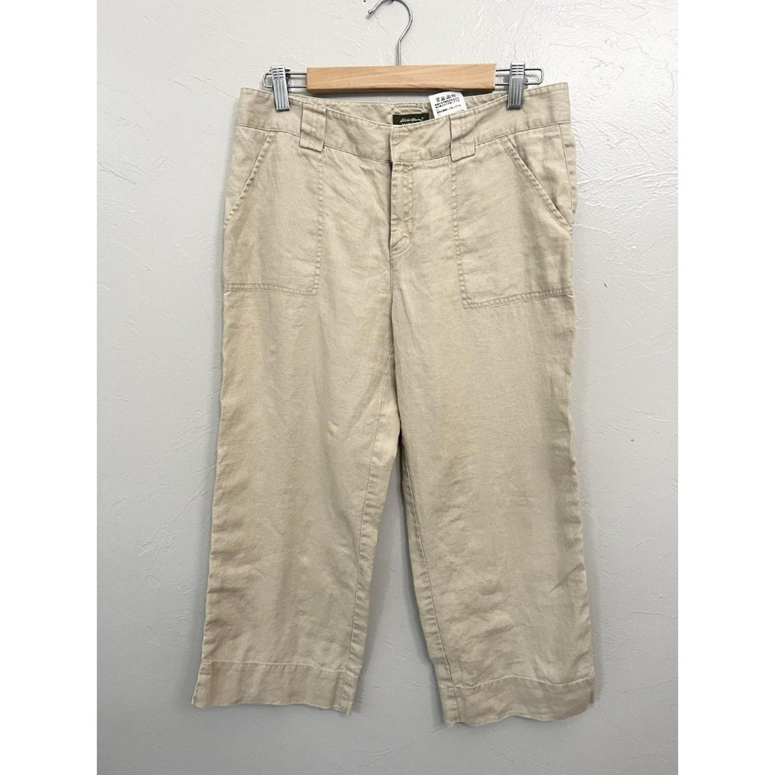 Eddie Bauer Cropped Linen Pants Womens 14 Vashon Fit Khaki Straight Leg Classic