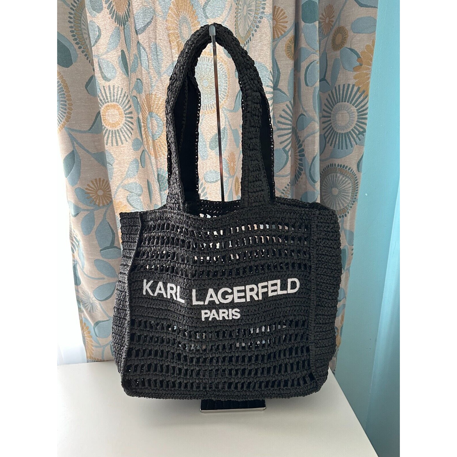KARL LAGERFELD Paris Antibes Woven Straw Black Large Tote