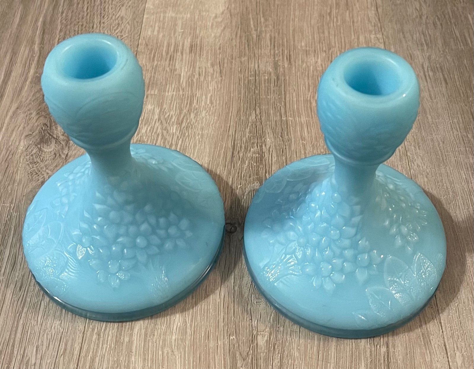 Vintage Sky Blue Fenton Satin Art Glass Candle Stick Holders