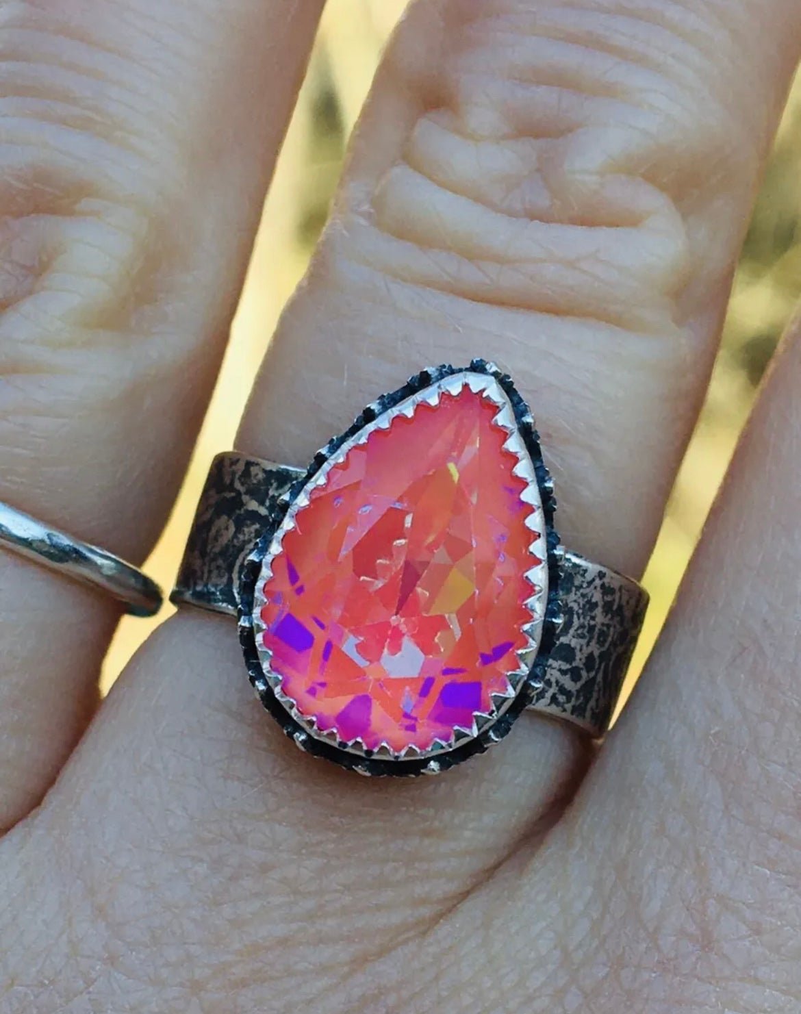 Swarovski Coral AB Ring Sterling Silver Artisan Made Size 7.5 Handmade Size 7.5