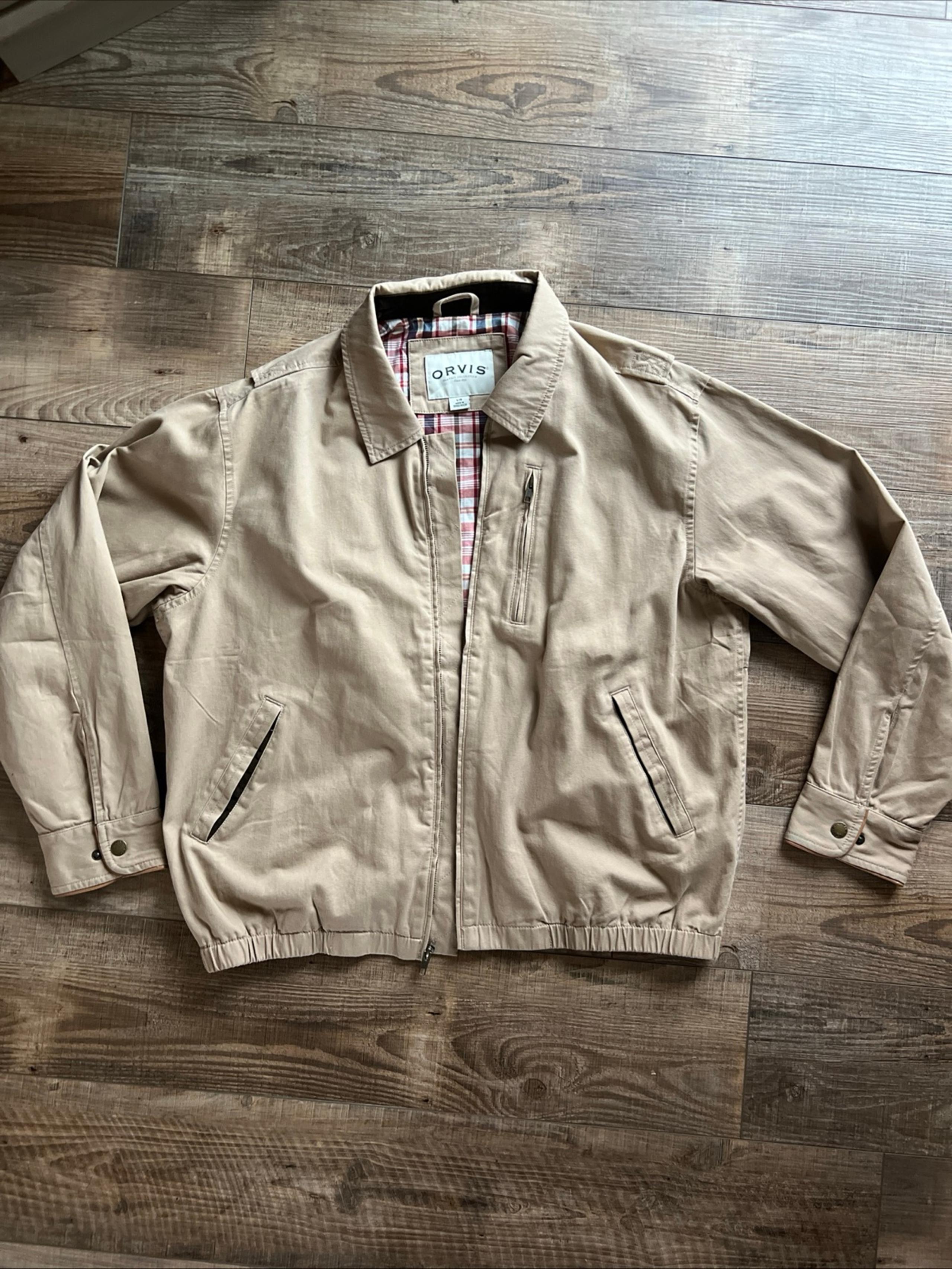 Orvis Harrington Bomber Jacket Khaki Mens L Full Zip Plaid Lined