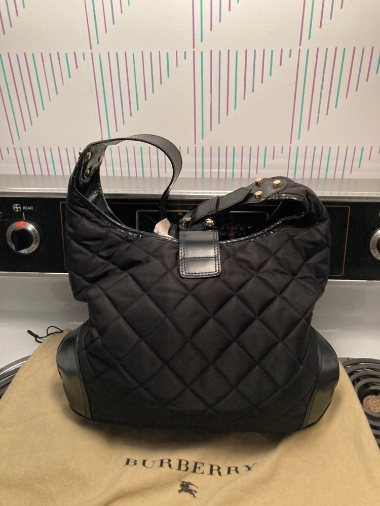 Burberry Black Leather & Canvas Large Shoulder Bag