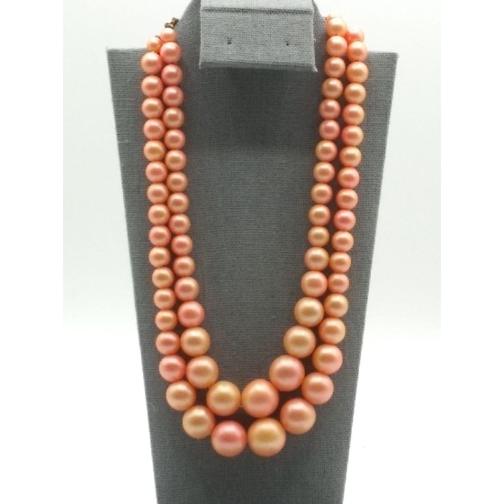 Pink Double Strand Choker Necklace, Vintage Japan Faux Pearl Beads